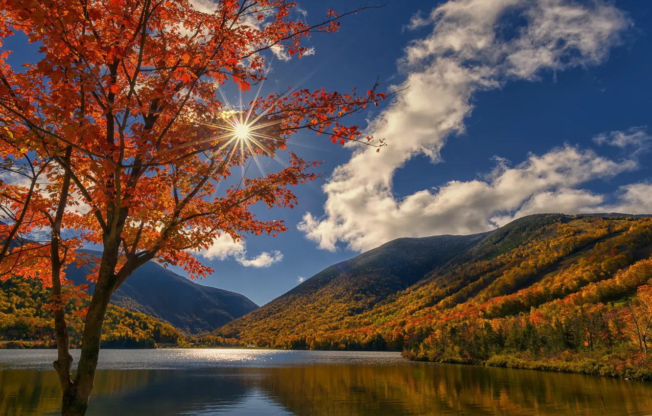 Photo wallpaper autumn, clouds, trees, mountains, lake, maple, New Hampshire, New Hampshire