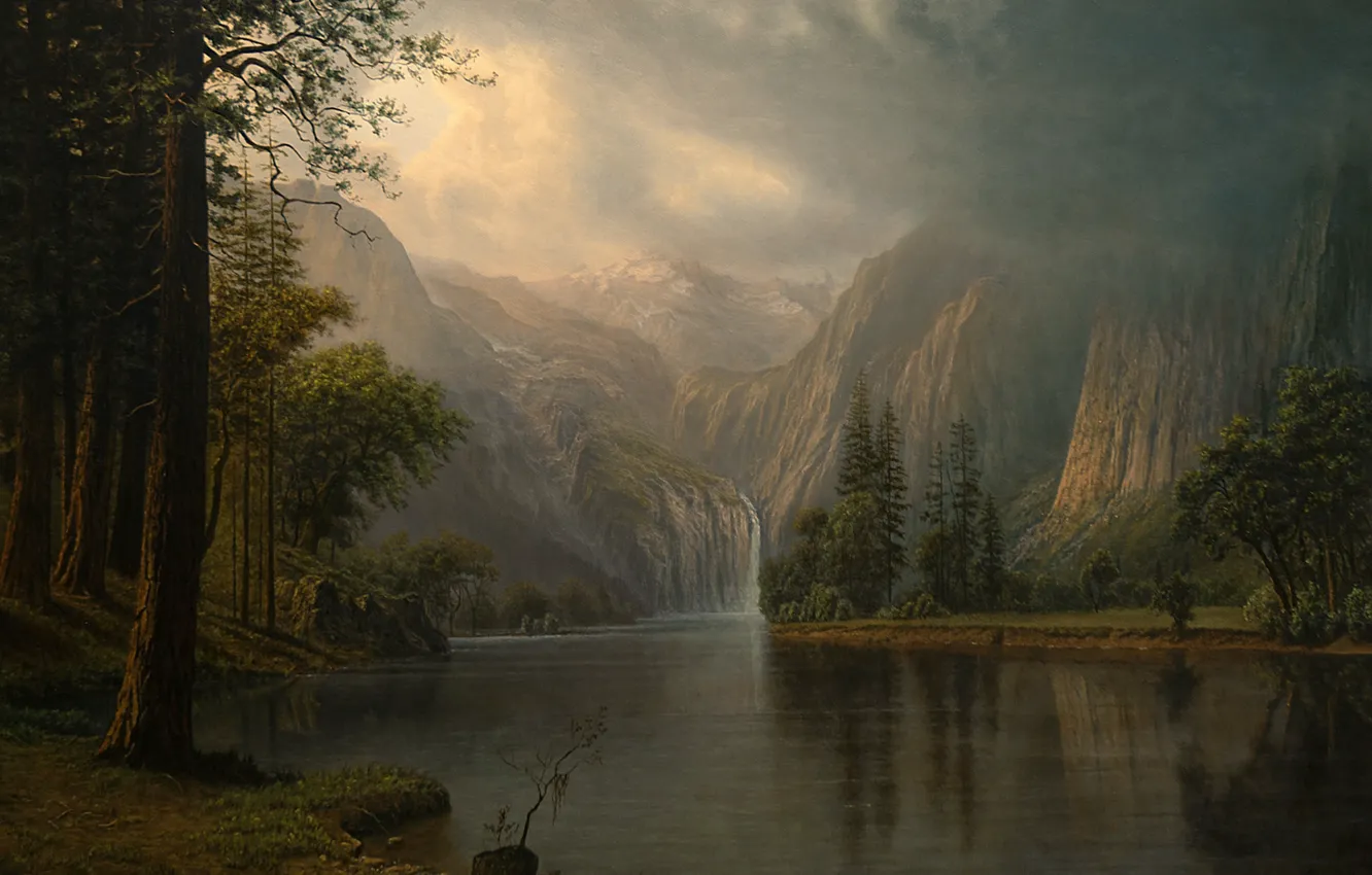 Photo wallpaper trees, mountains, pond, Mountain Lake, mountain lake