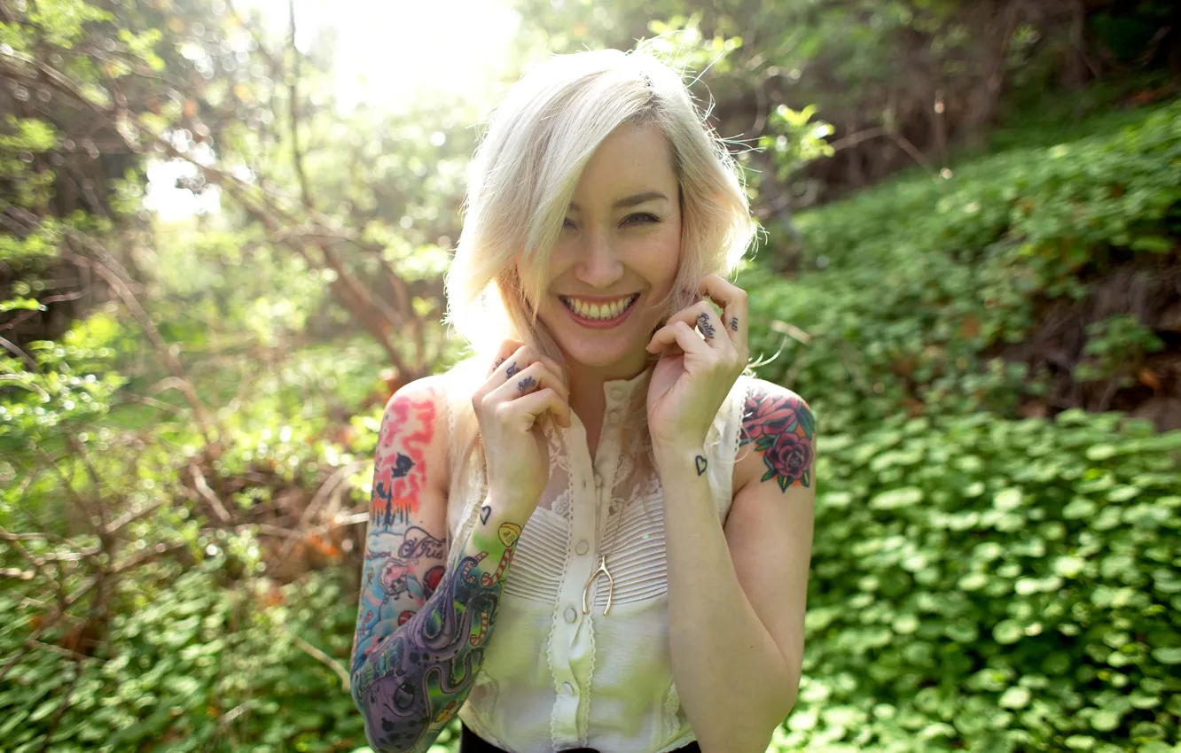 Photo wallpaper girl, grass, forest, blouse, trees, nature, woman, smile