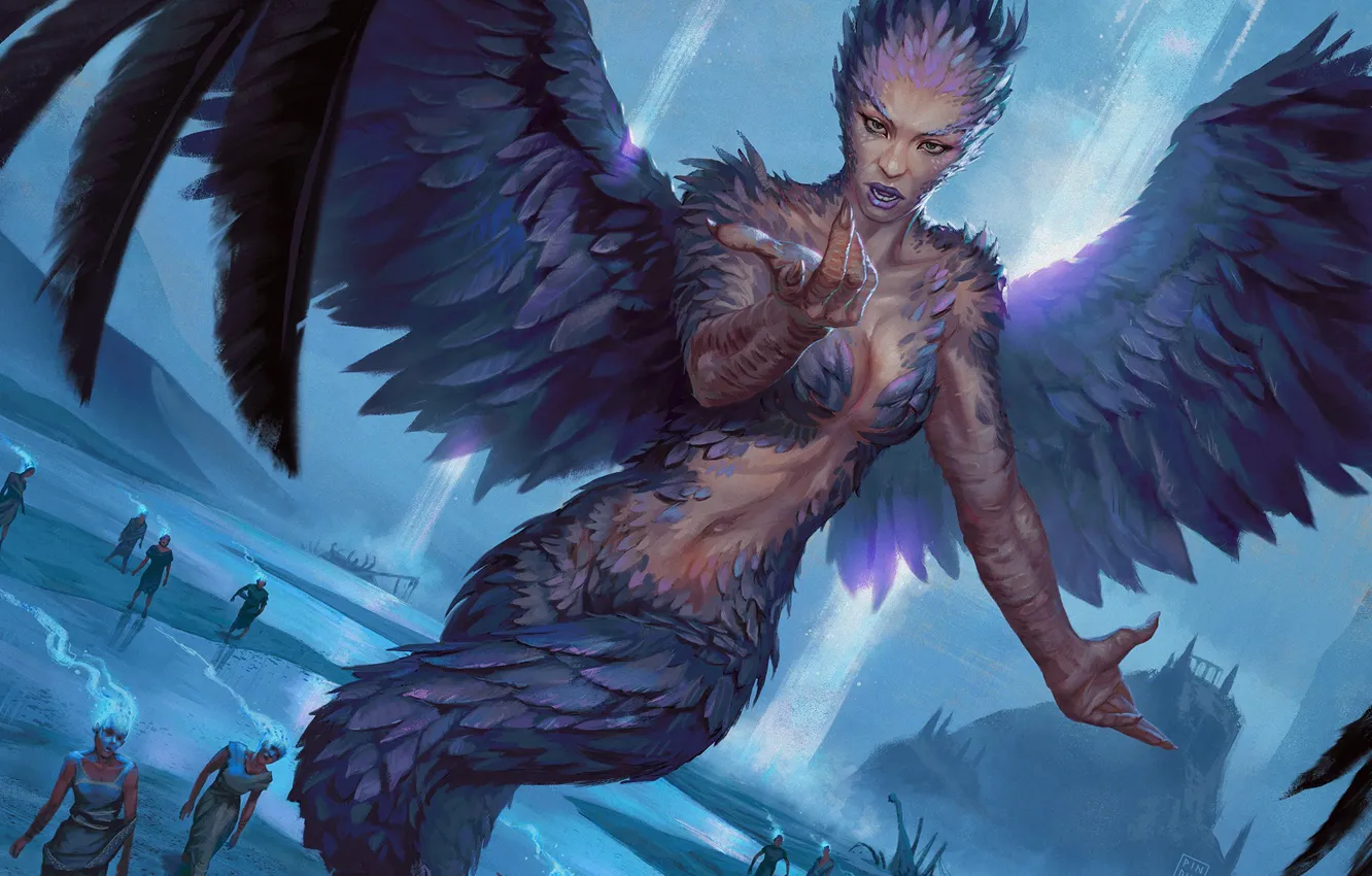 Photo wallpaper wings, feathers, siren, Magic: The Gathering, Hugh Pindur