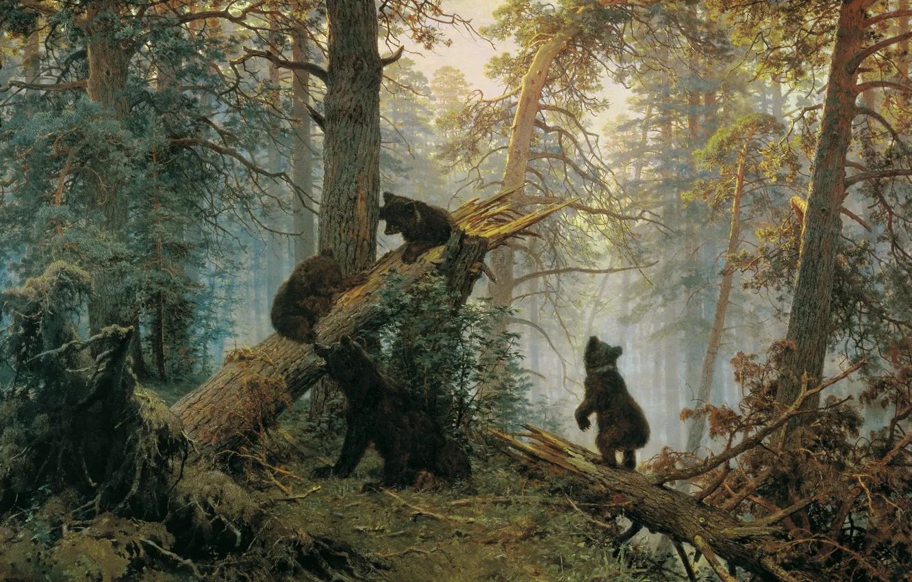 Photo wallpaper forest, bears, Ivan Ivanovich Shishkin, Morning in a pine forest