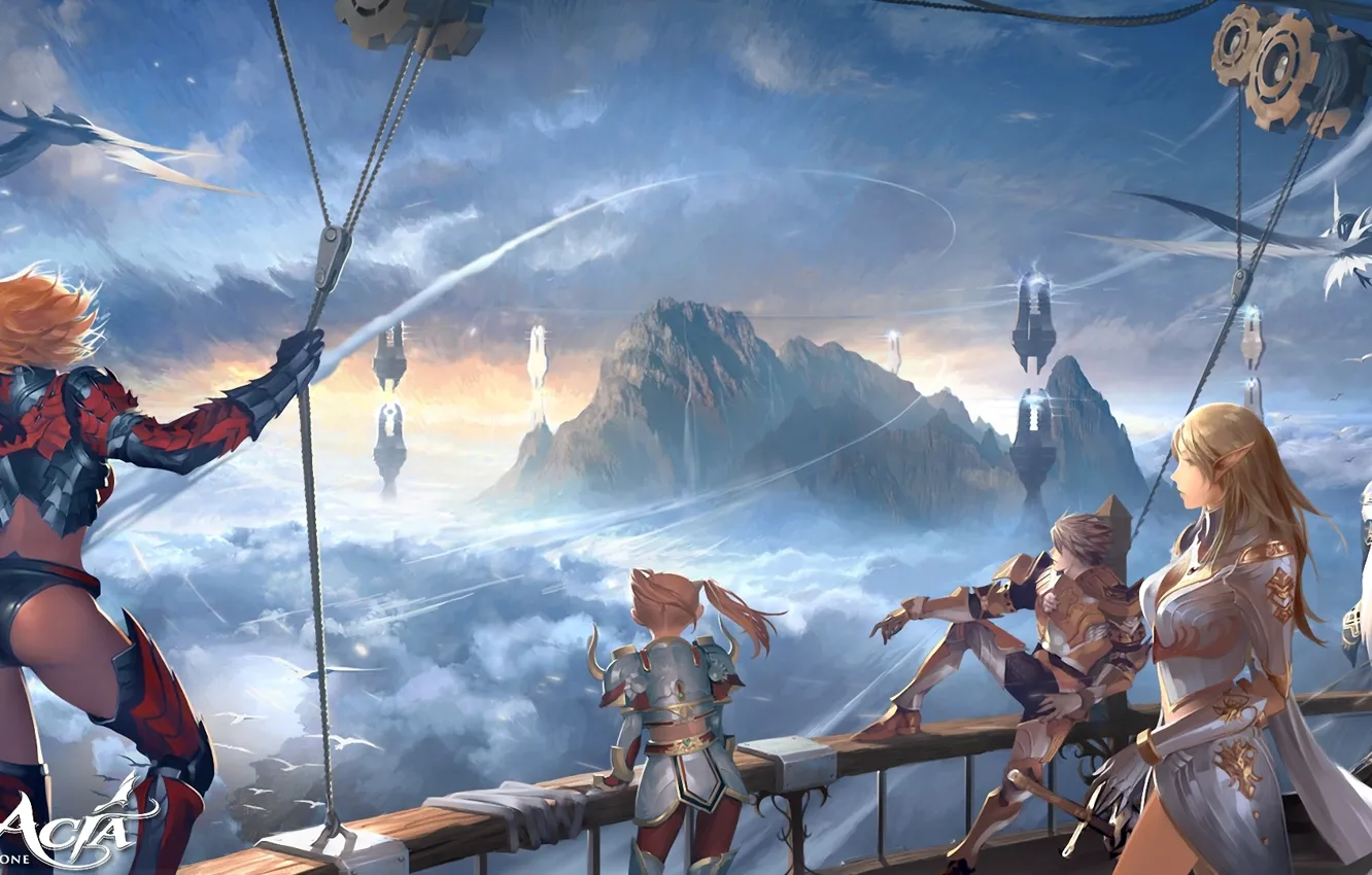 Photo wallpaper flight, mountains, birds, rocks, ship, lineage 2, characters, in the sky