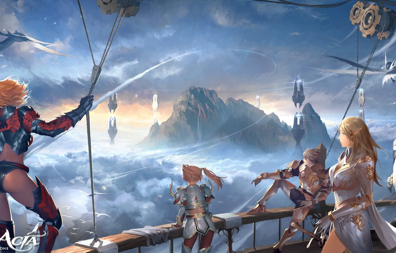 Photo wallpaper flight, mountains, rocks, bird, ship, lineage 2, characters, in the sky