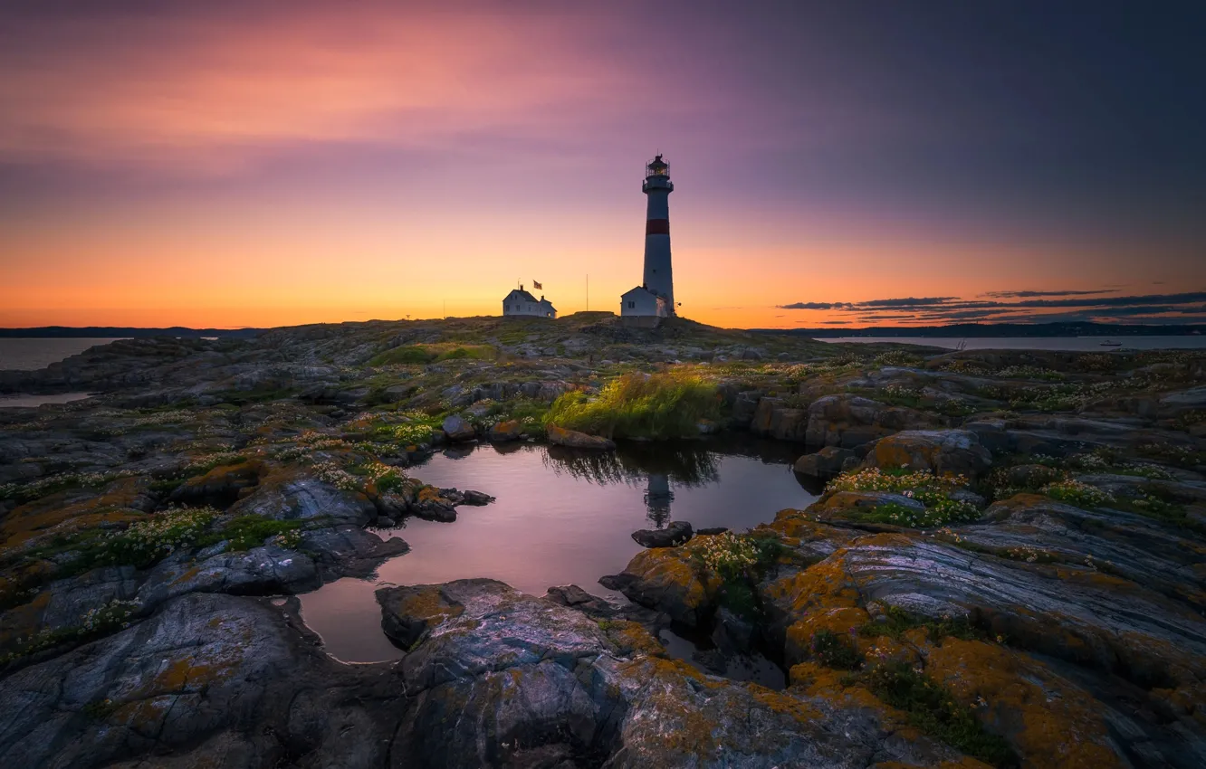 Photo wallpaper light, rocks, lighthouse, the evening, morning, puddle