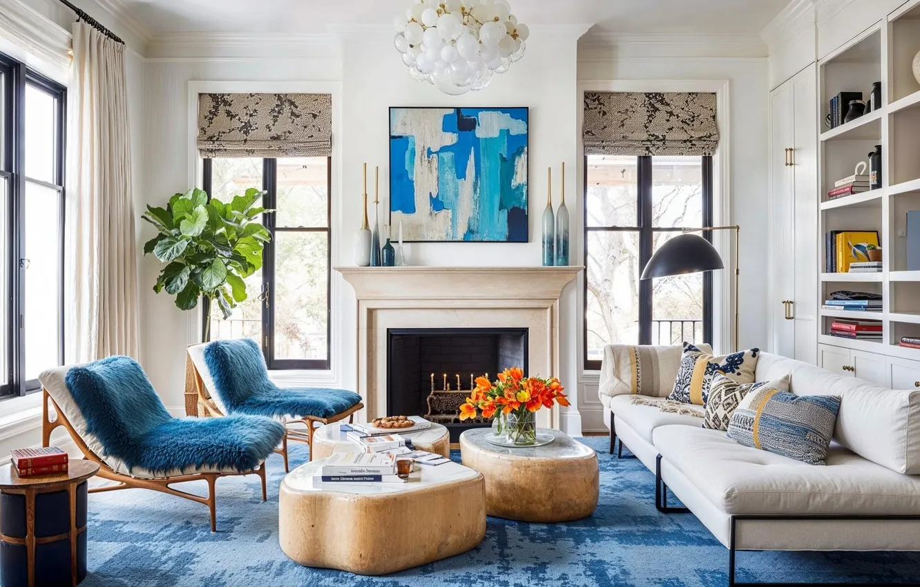 Photo wallpaper design, style, room, interior, fireplace, upholstered furniture, by Decorilla, Modern living room with colorful decor