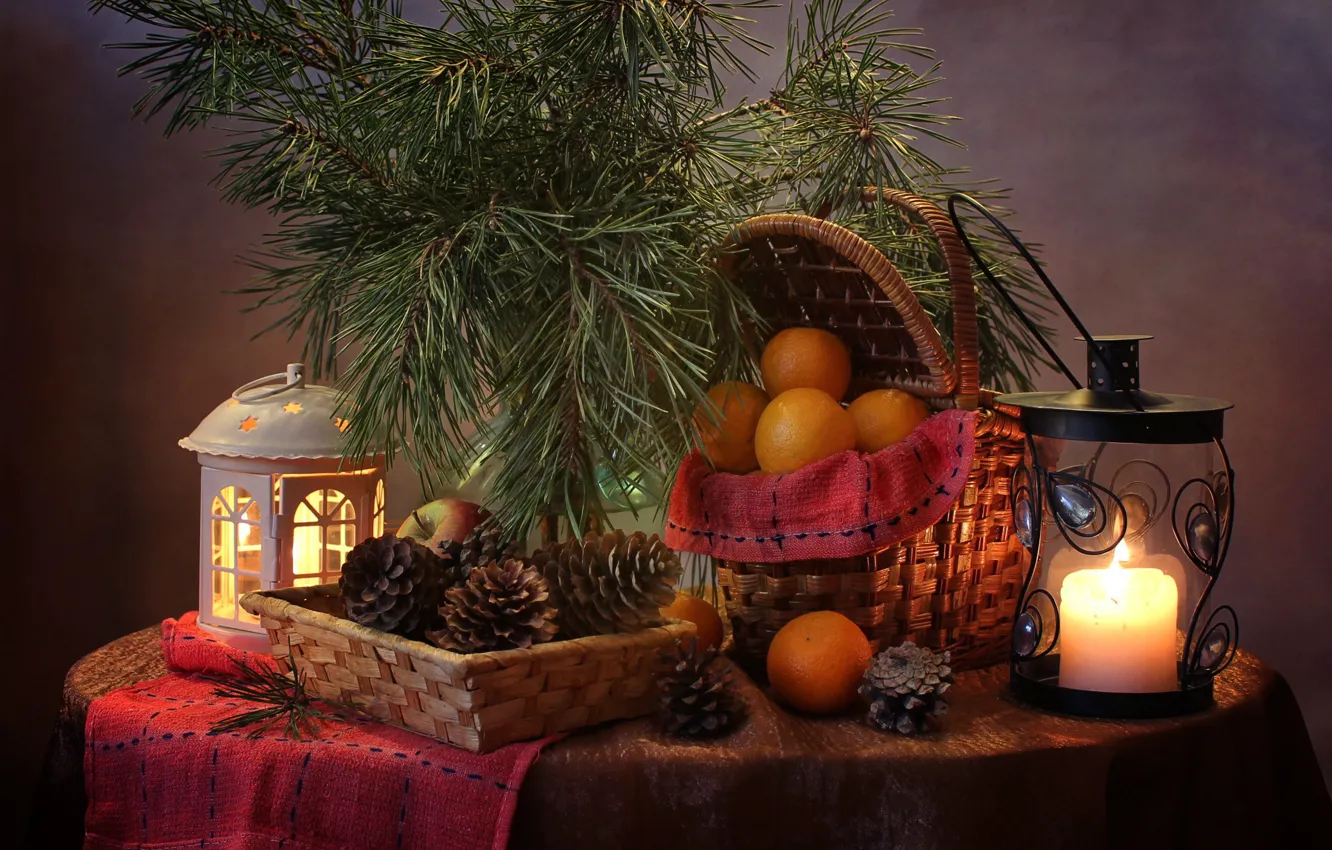 Photo wallpaper table, fire, holiday, basket, new year, Apple, Christmas, oranges