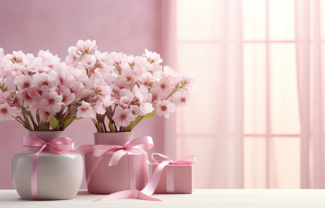 Photo wallpaper light, flowers, table, wall, birthday, holiday, gift, bouquet