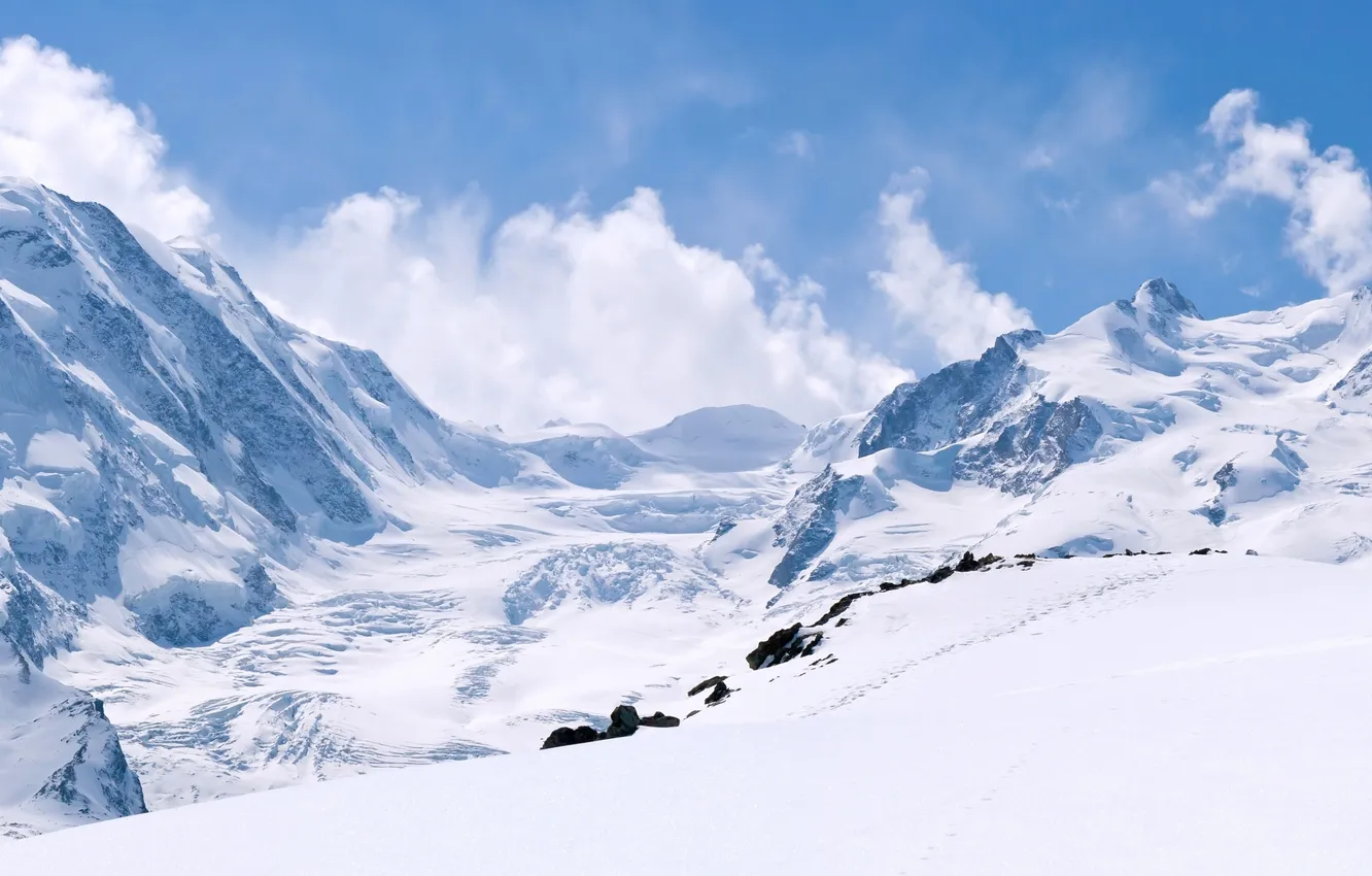 Photo wallpaper winter, the sky, clouds, snow, landscape, mountains, nature, rocks