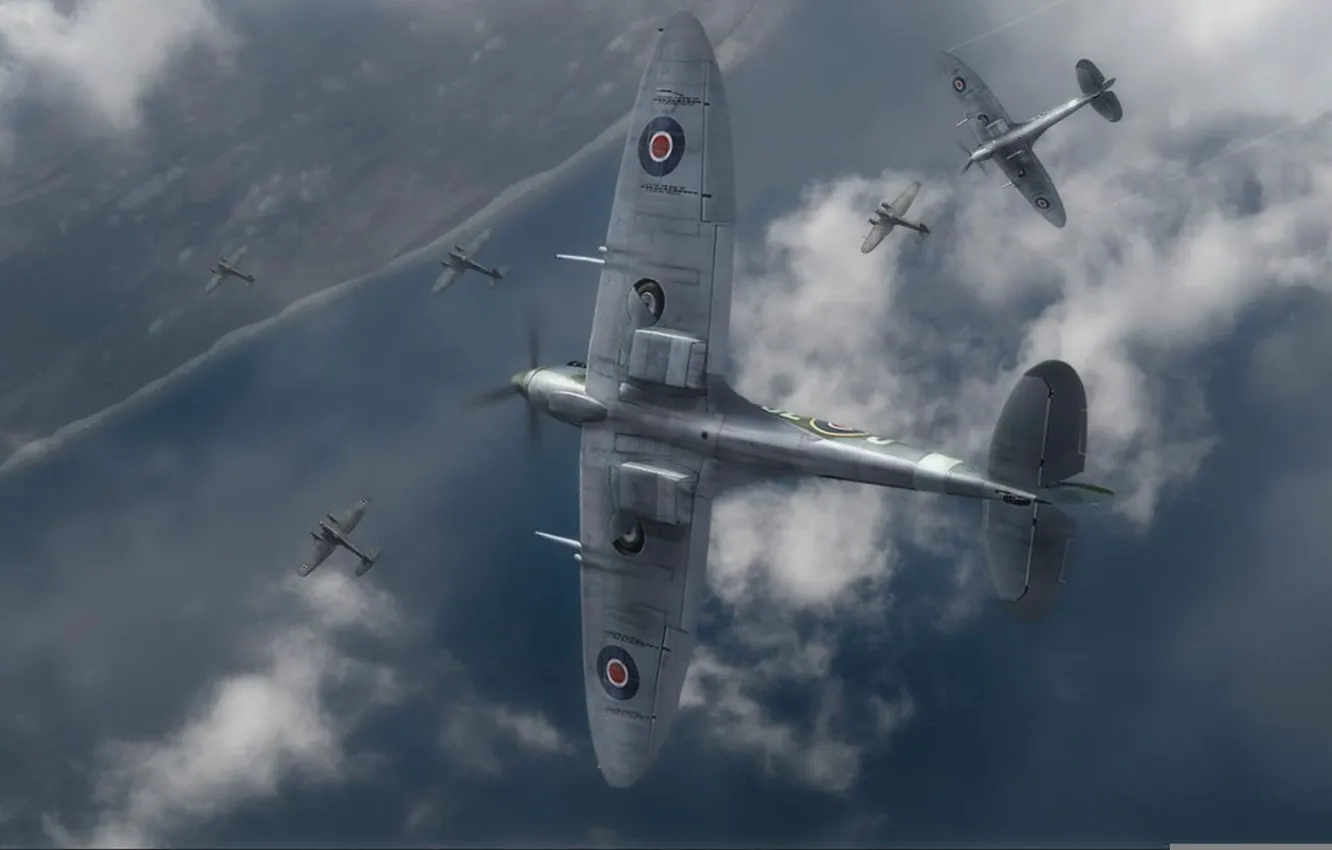 Photo wallpaper coast, graphics, art, Spitfire, the side, Supermarine, he-111, the English fighter
