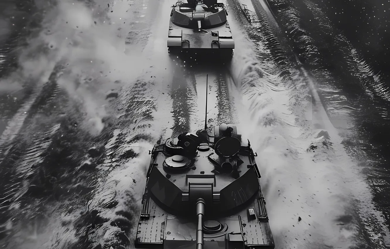 Photo wallpaper retro, smoke, top, tank, columns, black and white, digital art, AI art