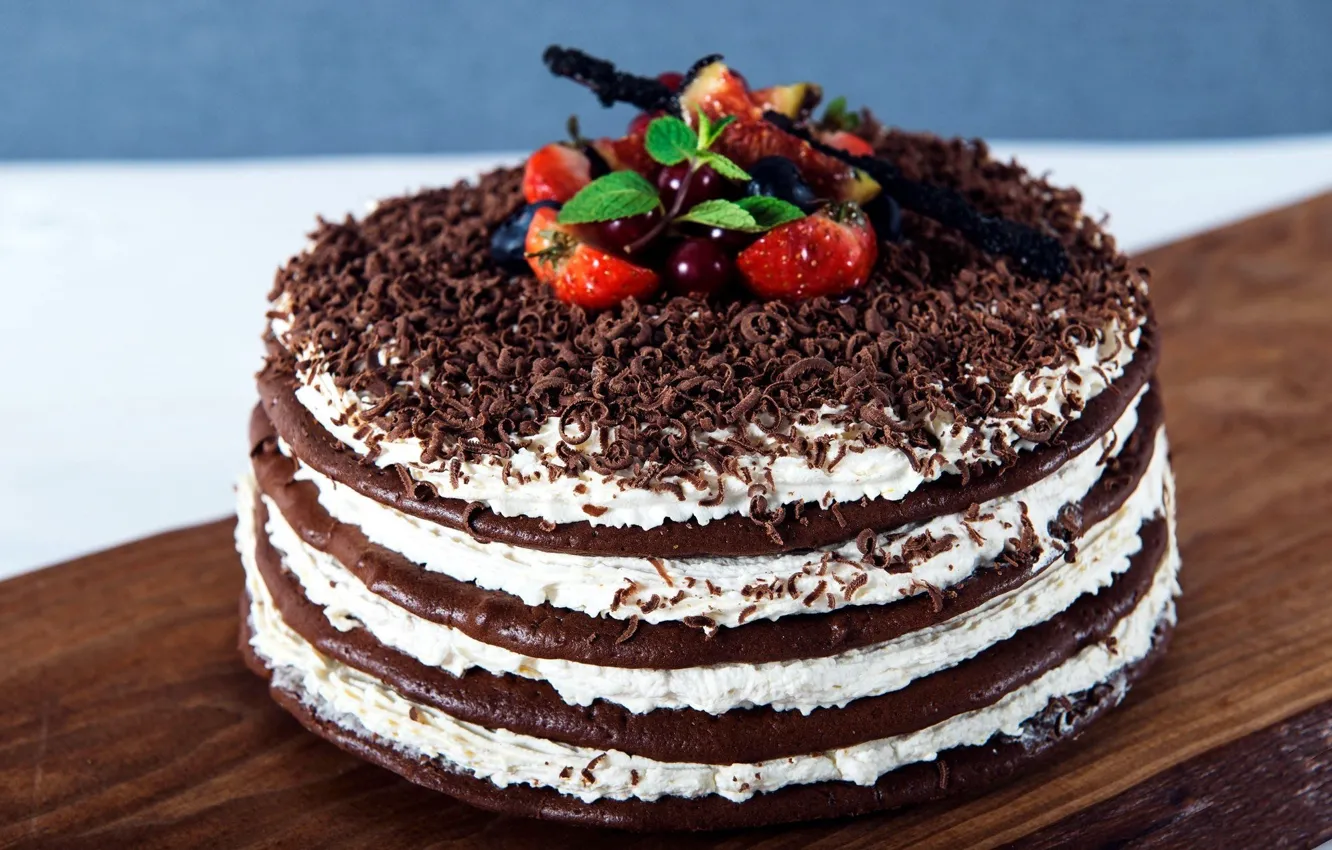 Photo wallpaper decoration, berries, chocolate, cake, cream, dessert