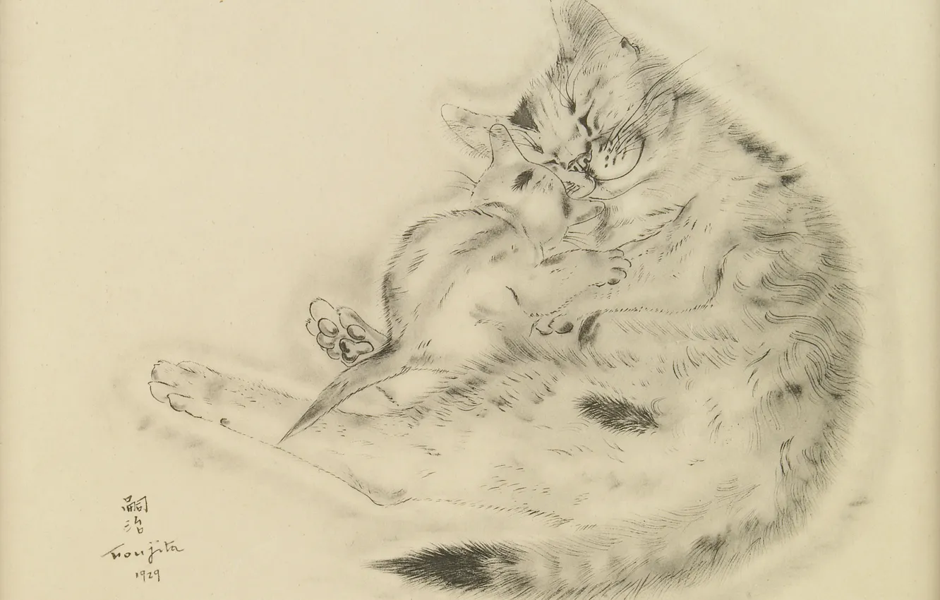 Photo wallpaper love, kindness, tenderness, sleep, cute, 1929, Tsuguharu Foujita, The Book Of Cats