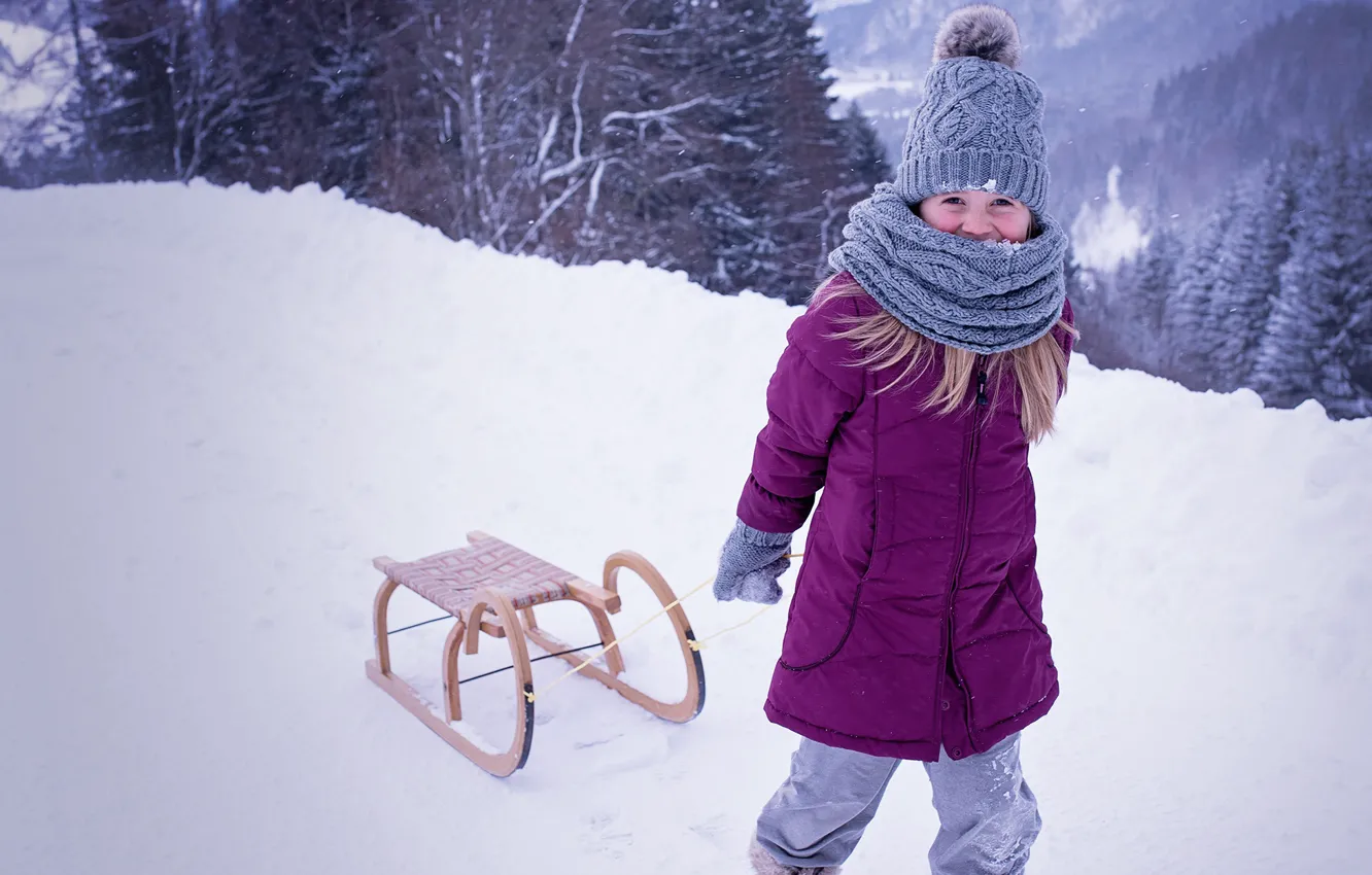 Photo wallpaper winter, snow, hat, child, frost, jacket, girl, sled