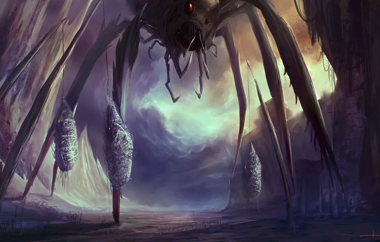 Photo wallpaper the victim, monster, web, spider, art, prisoner, giant, cloudminedesign