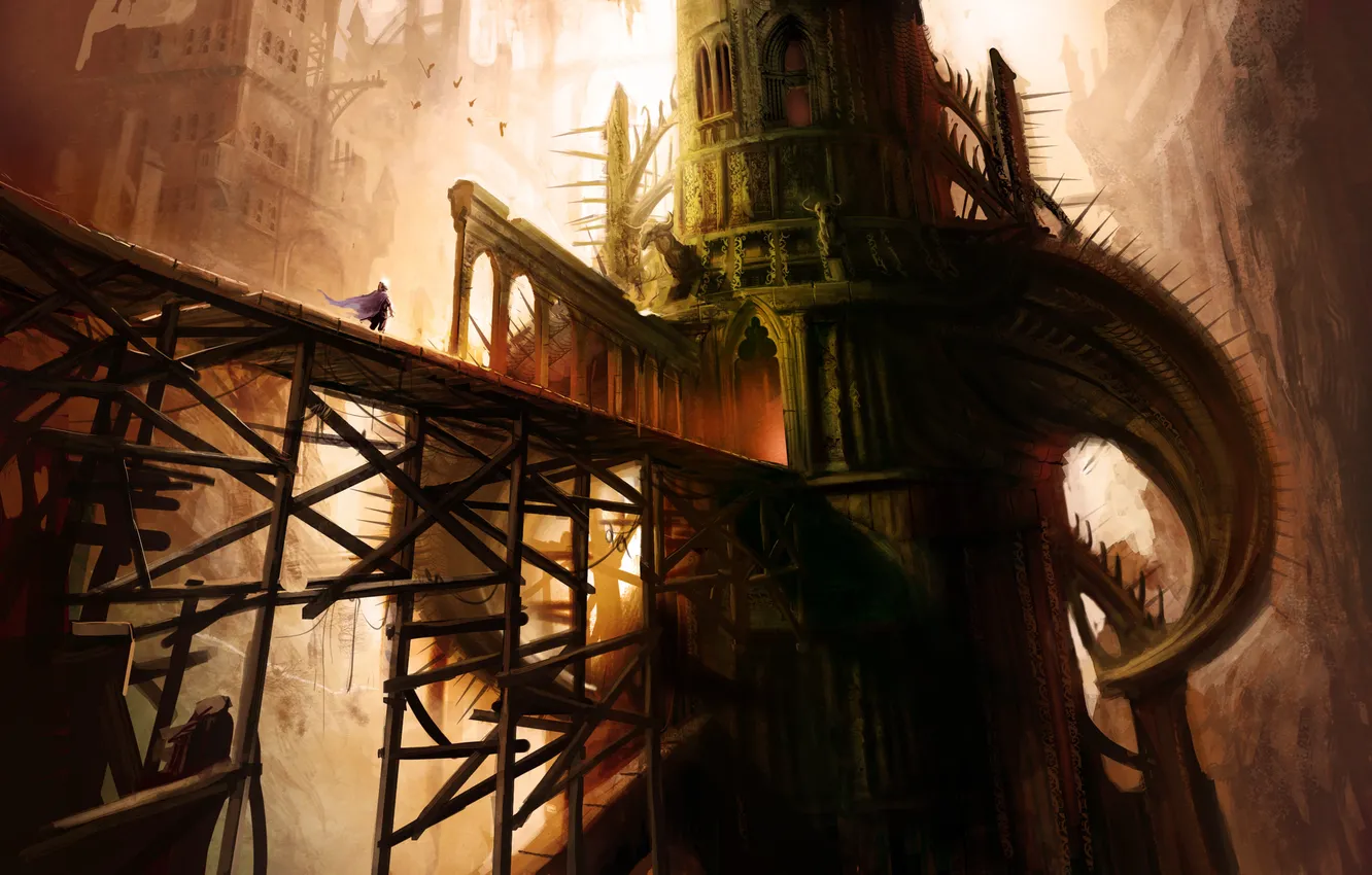 Photo wallpaper bridge, bird, tower, height, art, spikes, traveler, entrance