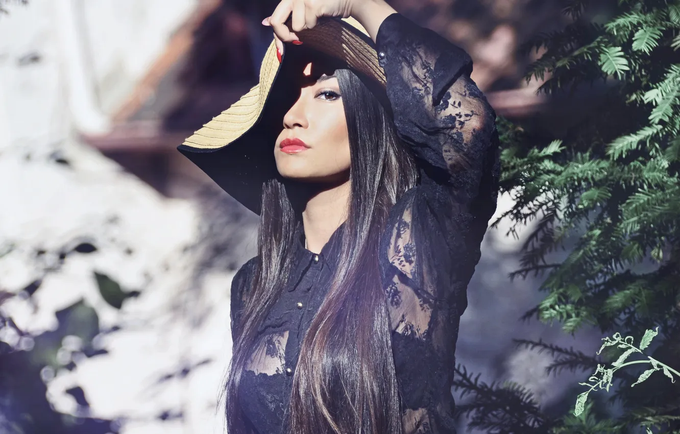 Photo wallpaper look, girl, hat, brunette, manicure