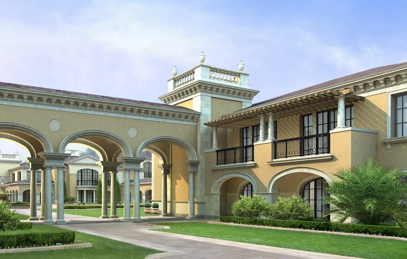 Photo wallpaper greens, landscape, design, the city, style, plant, building, home