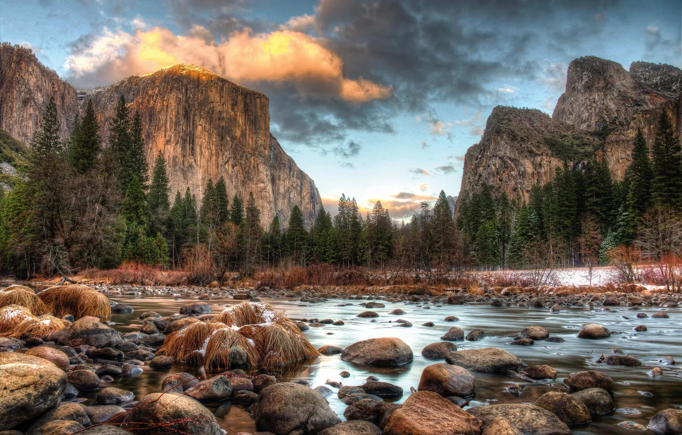 Photo wallpaper winter, forest, mountains, river, stones, Yosemite national Park, Yosemite National Park