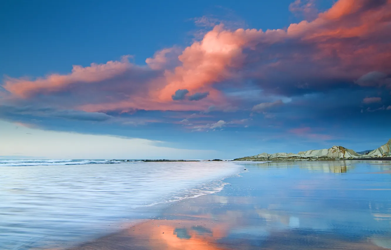 Photo wallpaper sea, beach, the sky, clouds, rocks
