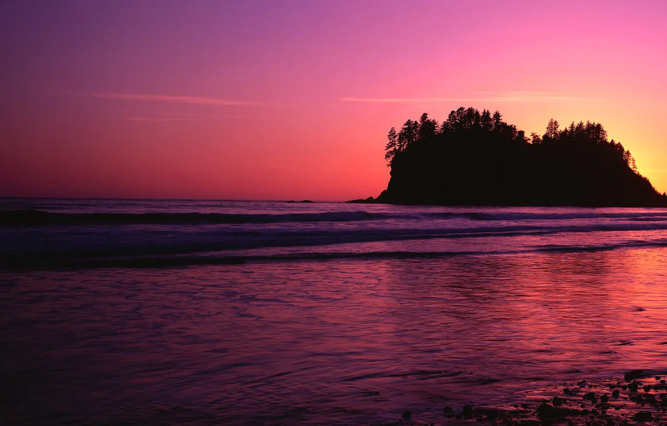 Photo wallpaper sea, the sky, trees, sunset, rocks, silhouette, glow