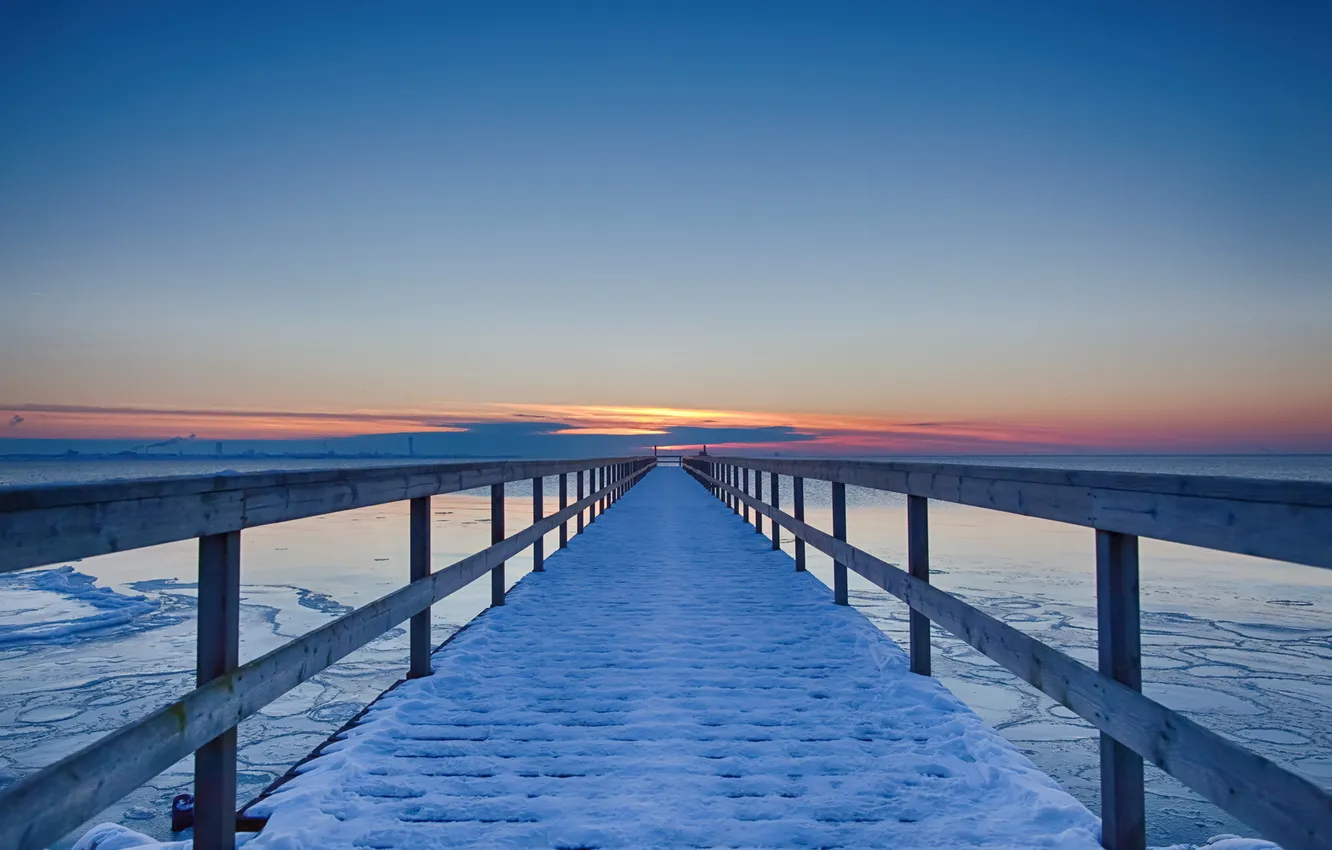 Photo wallpaper winter, bridge, lake, Sweden, Skane, Lomma