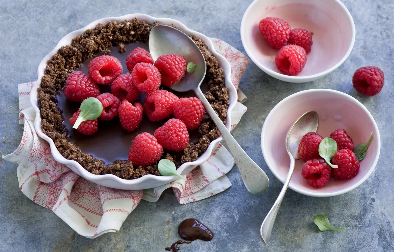 Photo wallpaper berries, raspberry, pie, spoon, chocolate tart