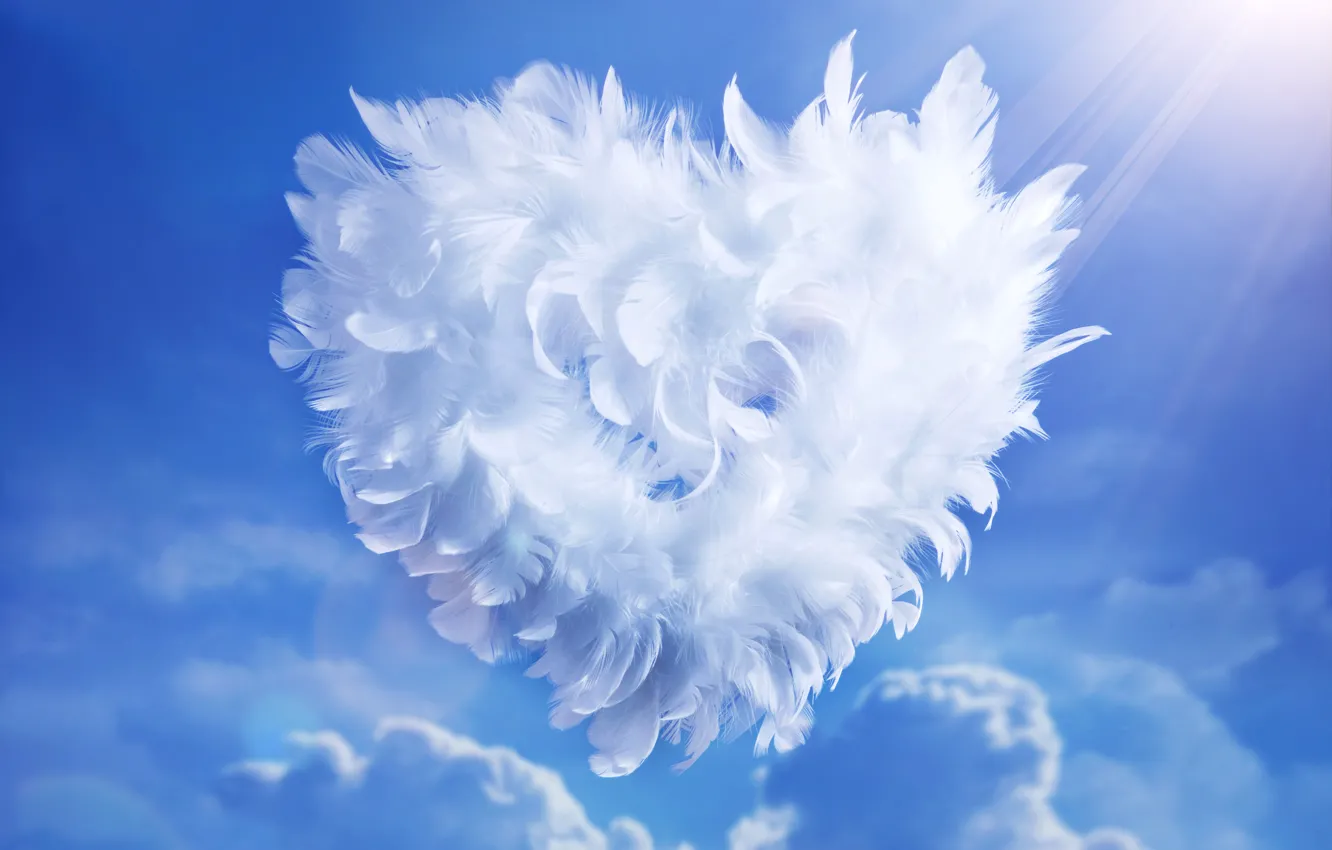 Photo wallpaper the sky, clouds, blue, feathers, white, heart, the rays of the sun, Valentine's day
