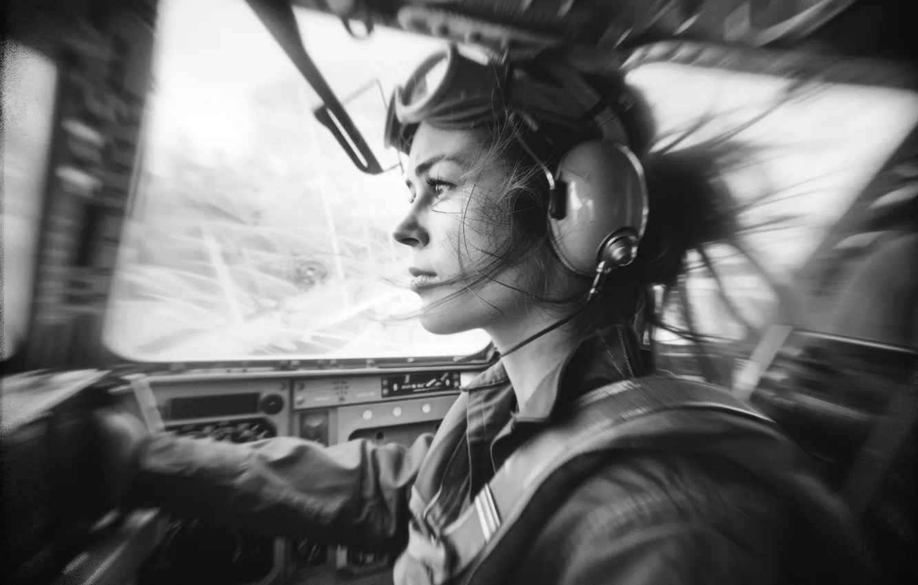 Photo wallpaper Girl, The plane, Cabin, Pilot, Digital art, Black and white, AI art, The Art of …
