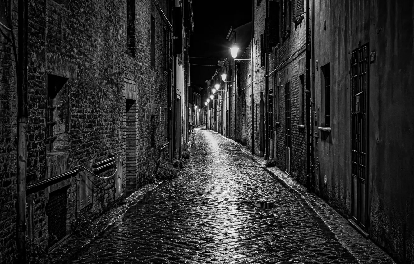 Photo wallpaper road, the sky, night, the city, street, home, lights, black and white