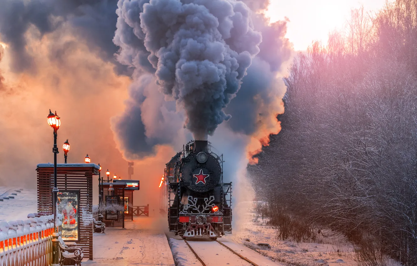 Photo wallpaper winter, snow, smoke, the engine, station, railroad, Russia, Karelia