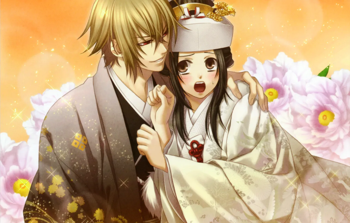 Photo wallpaper girl, flowers, guy, kimono, Yukimura Chizuru, Shinsengumi Demons Sakura, Hakuouki Shinsengumi Kitano, Chigake Kazama