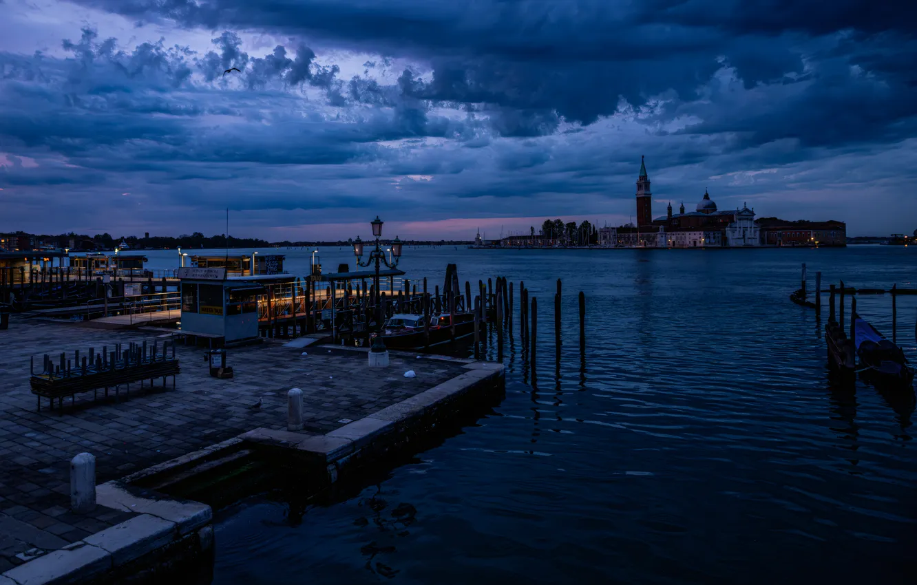 Photo wallpaper lights, sea, Italy, night, boats, pier, venecia