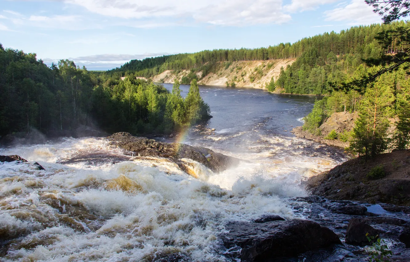 Photo wallpaper summer, river, waterfall, rainbow, Russia, North, Karelia, Girvas