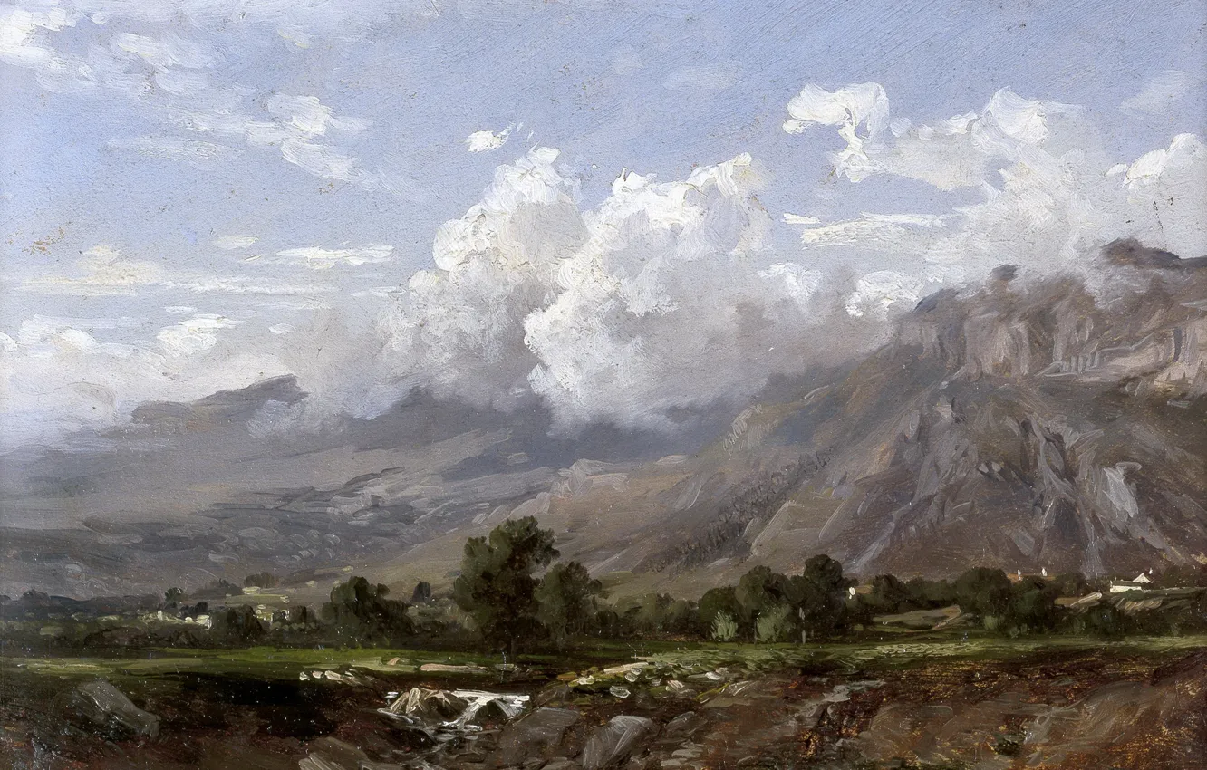 Photo wallpaper clouds, nature, picture, Carlos de Haes, Mountain Landscape