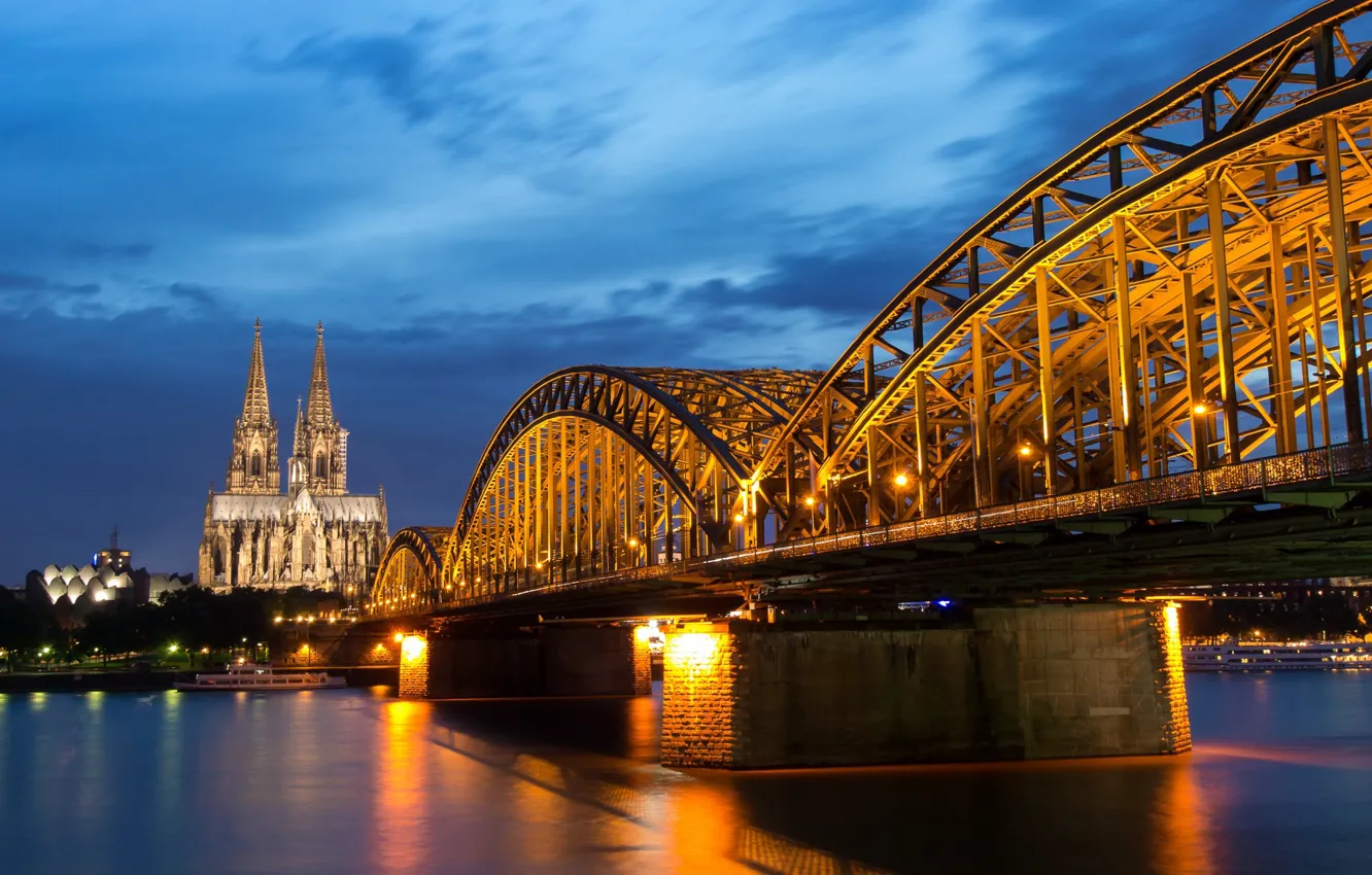 Photo wallpaper night, bridge, lights, river, Germany, support, Cathedral, Cologne