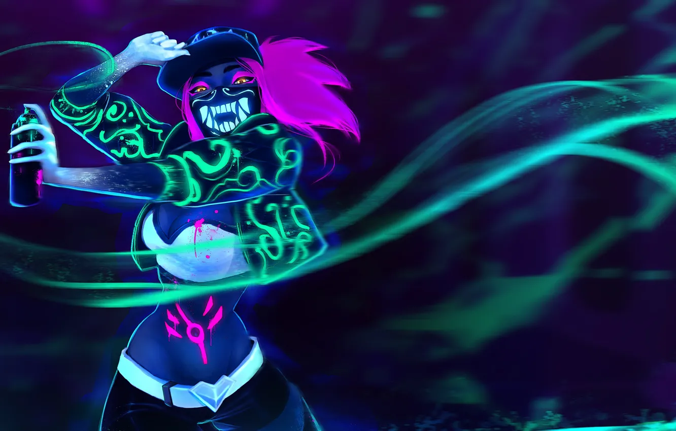 Photo wallpaper the game, neon, game, pink hair, big Breasts, neon, Akali, League of Legends