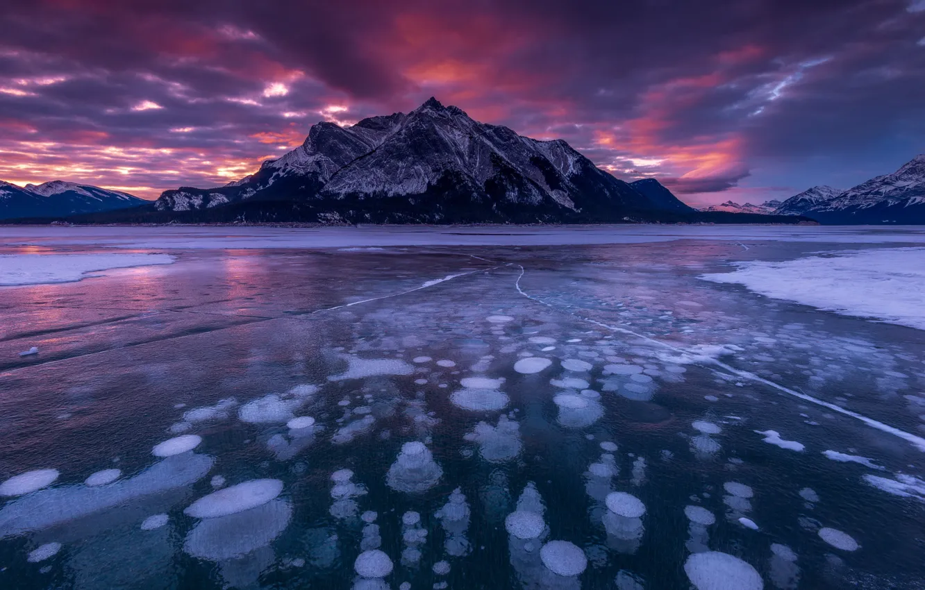 Photo wallpaper ice, winter, the sky, sunset, mountains, lake, Marvin Ramos