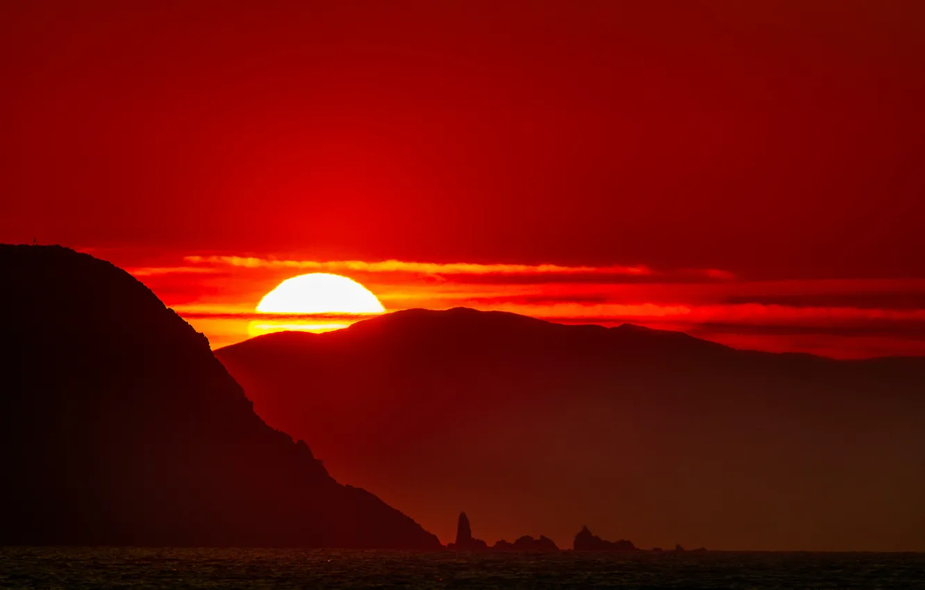 Photo wallpaper sea, the sun, clouds, sunset, mountains, glow