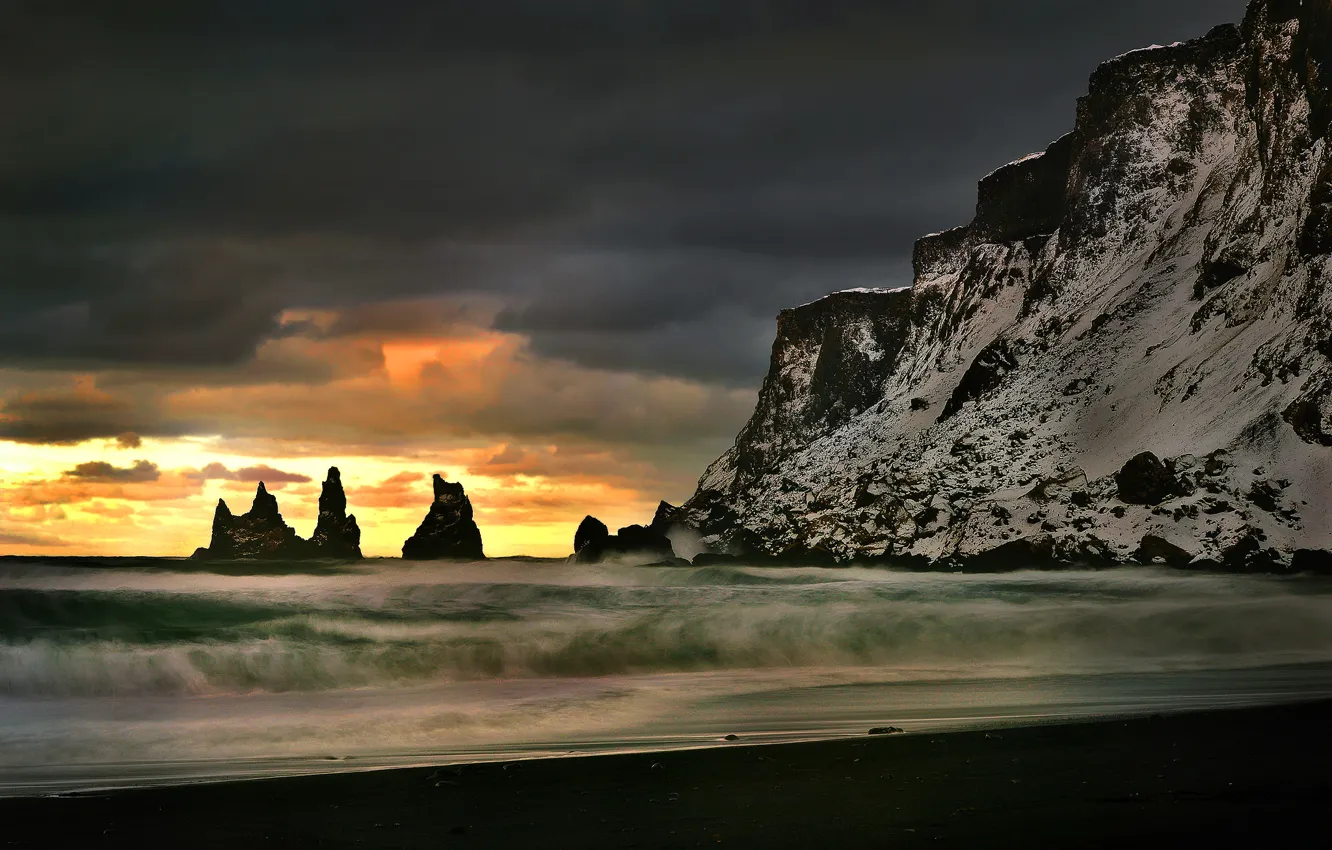 Photo wallpaper sea, wave, the sky, clouds, storm, rocks, shore, glow