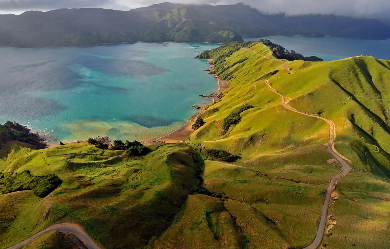 Photo wallpaper New Zealand, sea, Marlborough Sounds, mountains