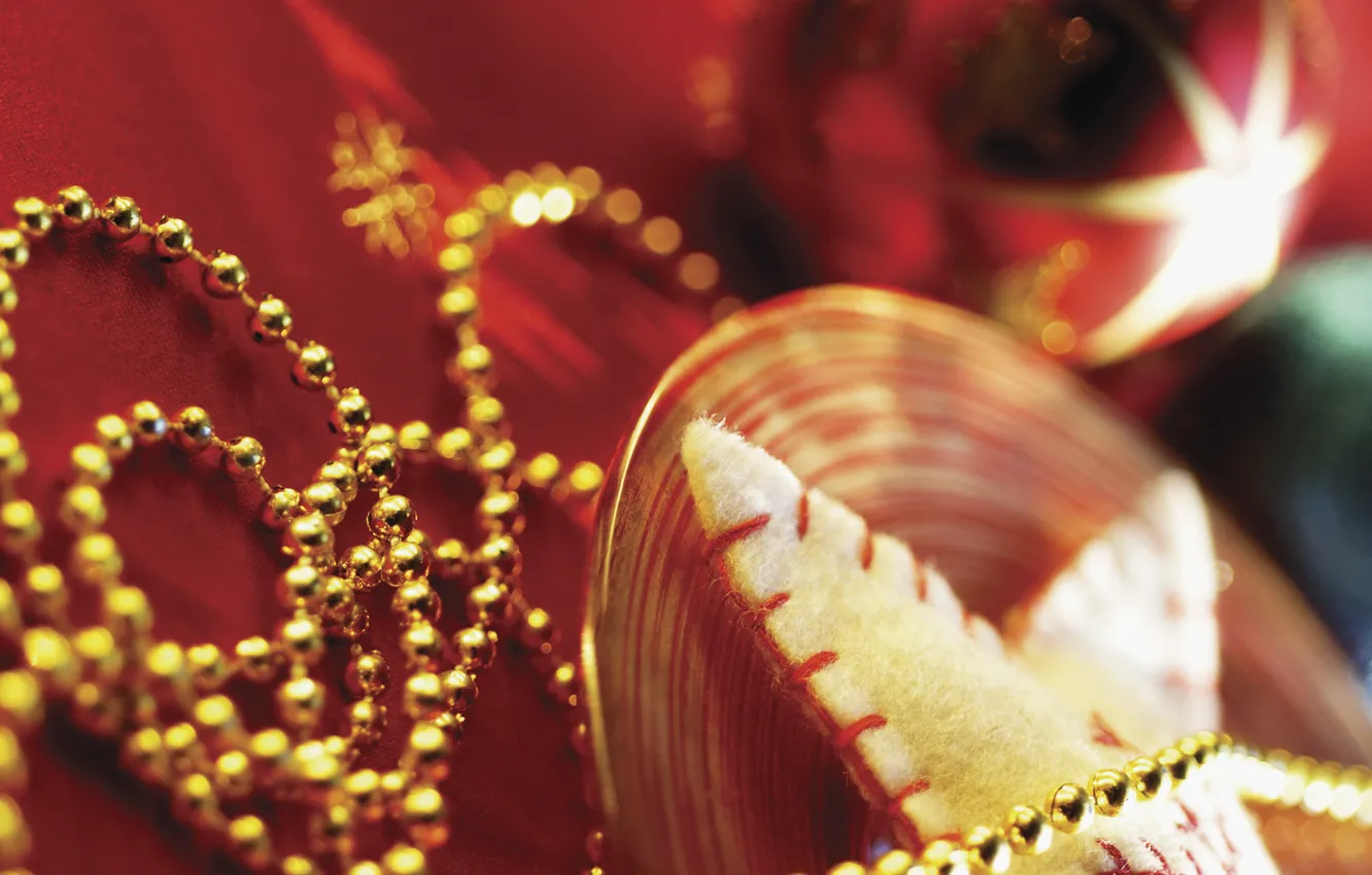 Photo wallpaper decoration, red, holiday, star, new year, beads, gold plated, blurry