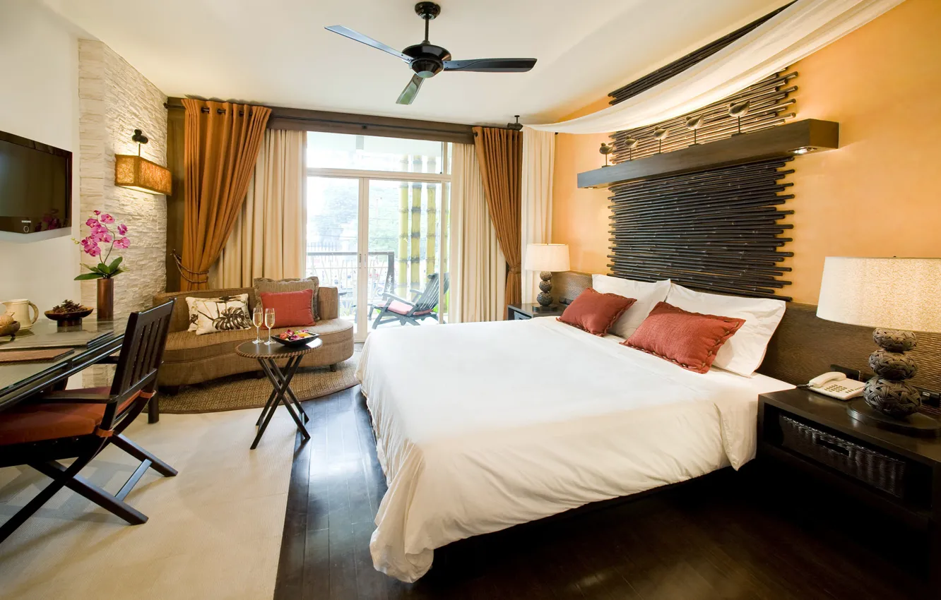 Photo wallpaper table, sofa, bed, chair, room, TV, balcony, the hotel