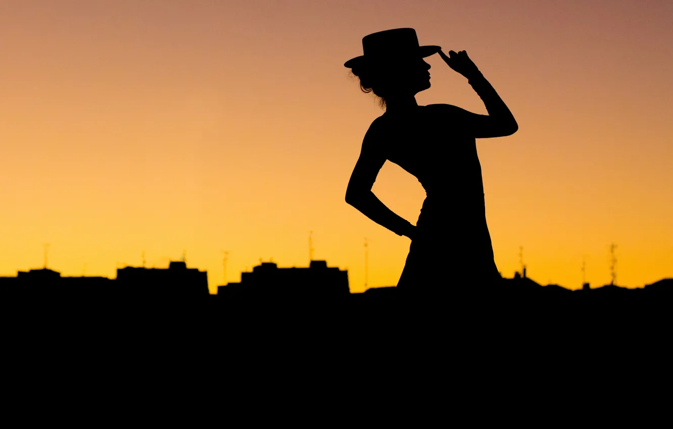 Photo wallpaper city, hat, woman, pose, silhouette, Tango