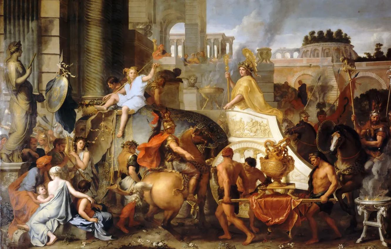 Photo wallpaper Paris, oil, picture, The Louvre, canvas, Lebrun Charles, French painter and decorator, The triumphal entry …