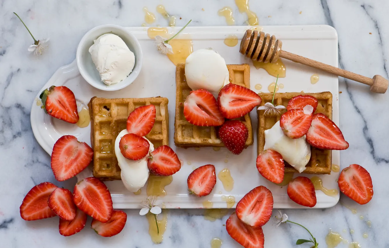 Photo wallpaper berries, strawberry, honey, dessert, waffles