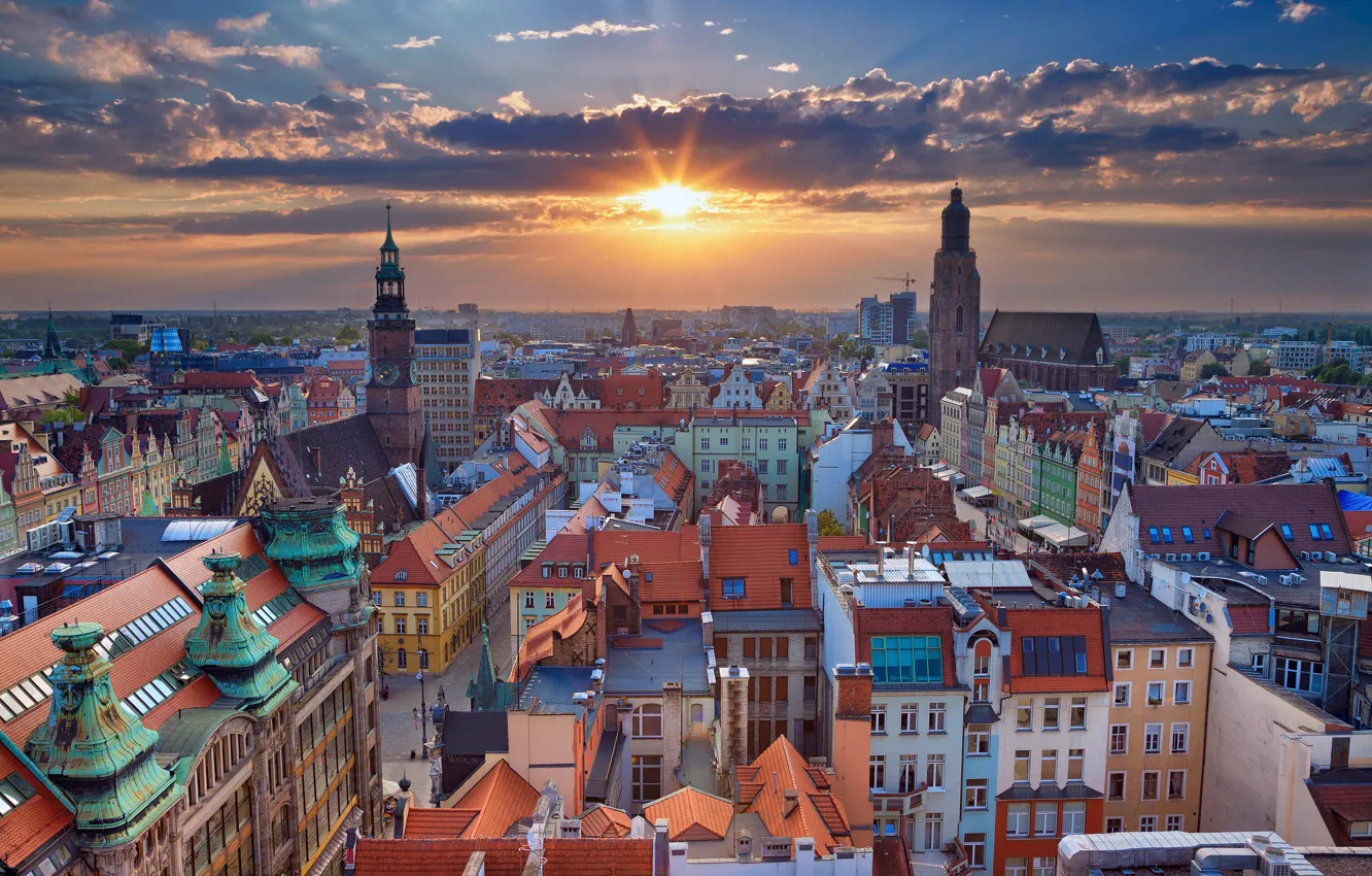 Photo wallpaper sunset, Poland, panorama, Wroclaw