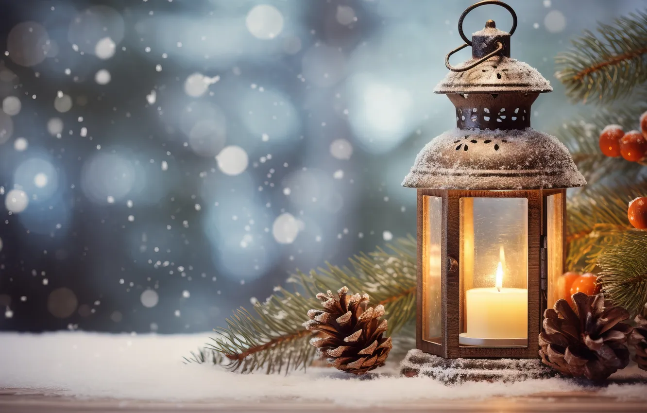 Photo wallpaper winter, snow, night, new year, Christmas, lights, Christmas, night