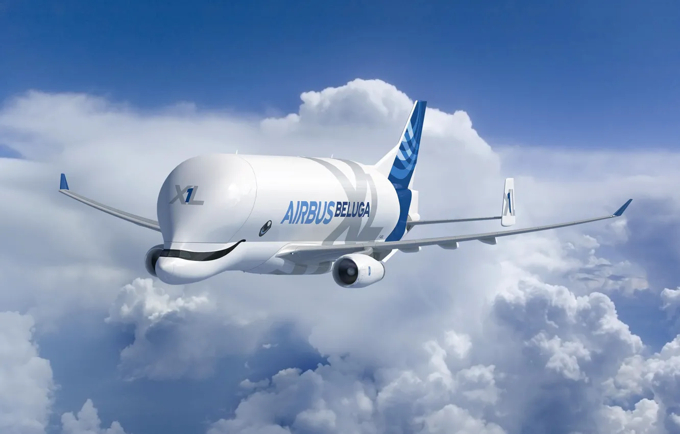 Photo wallpaper the plane, Clouds, the plane, Cargo, Airbus, Beluga, A300, Airbus Beluga