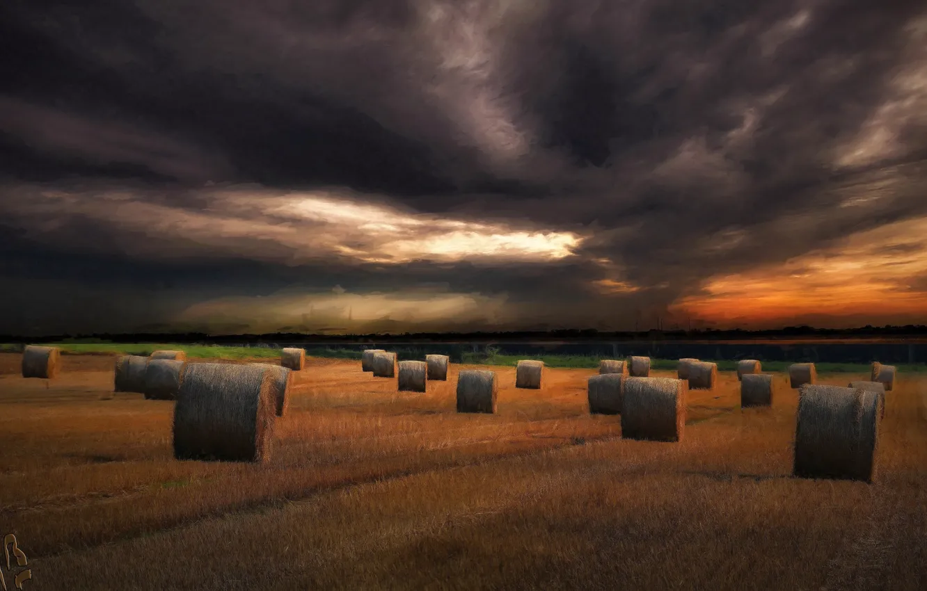 Photo wallpaper field, the evening, hay, another ending day