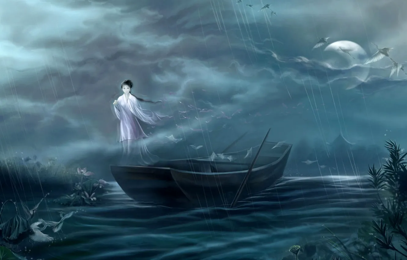 Photo wallpaper girl, night, fog, house, river, rain, the moon, boat